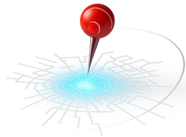 Ícone de marcador vermelho tridimensional apontando para um ponto central em um mapa digital estilizado, simbolizando localização e soluções tecnológicas.