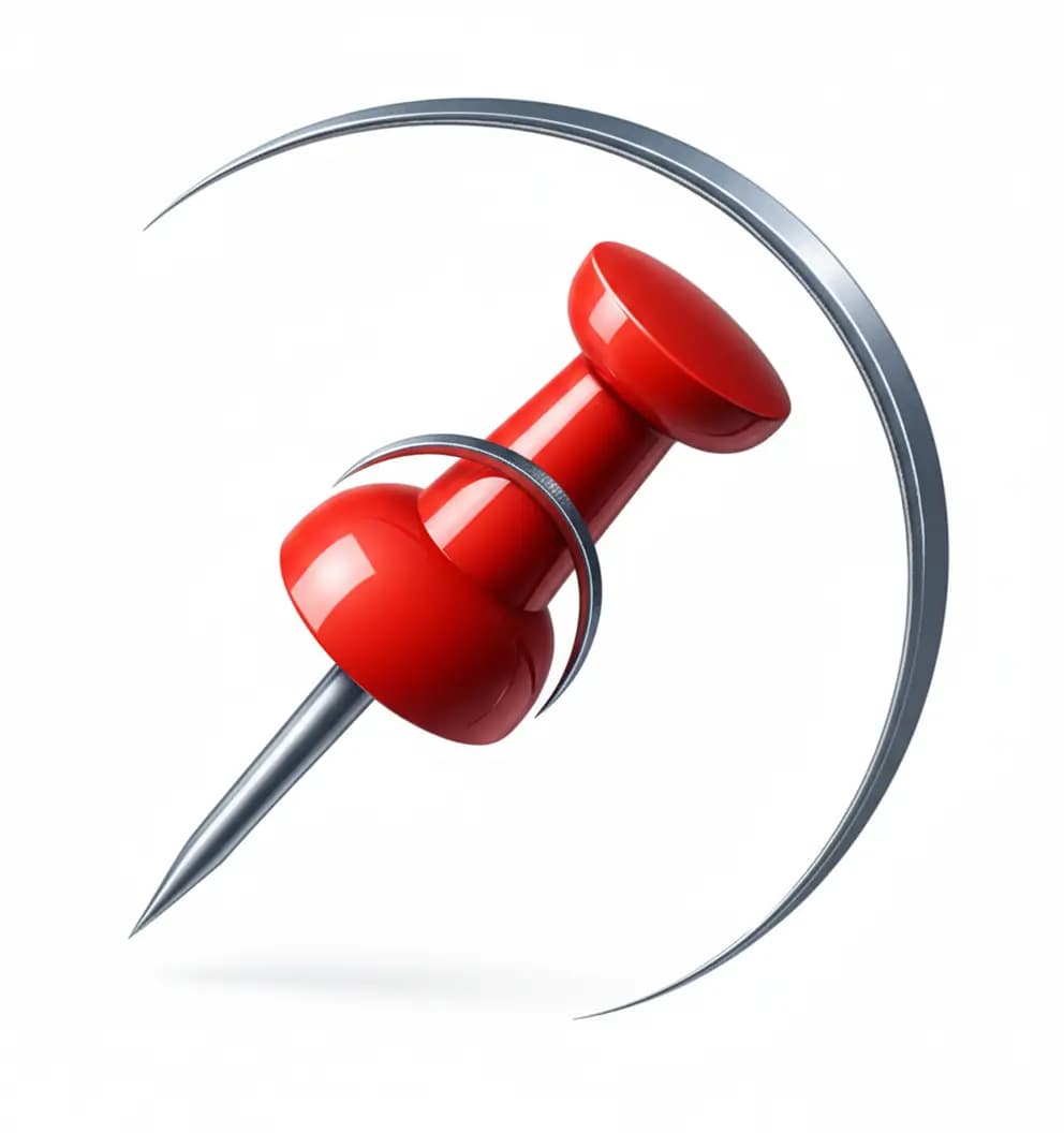 Pino vermelho com dois arcos metálicos, um sobreposto ao pino e outro englobando-o. Imagem remete ao logo da empresa Nanotimize