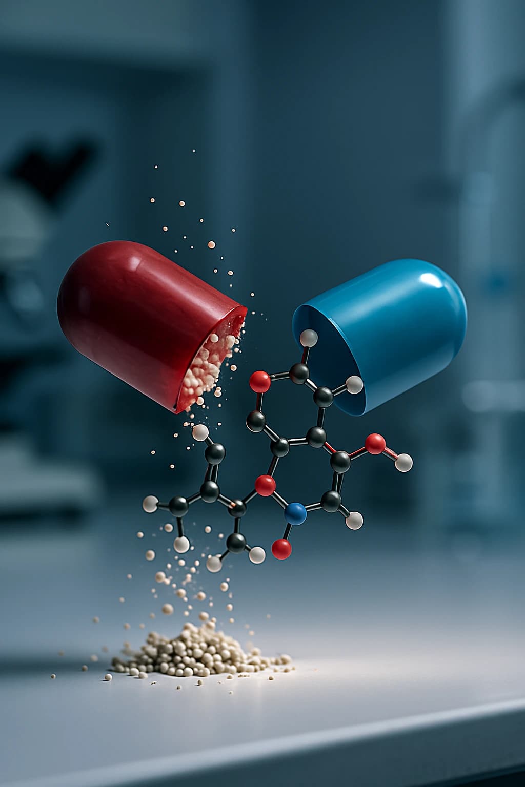 A imagem representa a Engenharia Reversa de um produto farmacêutico. Uma pílula aberta expõe seu conteúdo, simbolizando a análise da composição e estrutura de produtos para compreensão e replicação. 