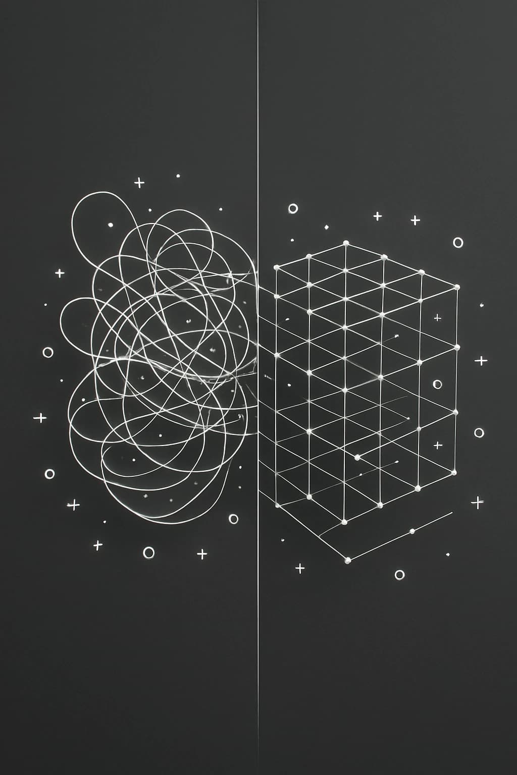 A imagem simboliza o Tratamento e Preparação de Dados. De um lado, linhas desordenadas e confusas representam a matéria-prima dos dados brutos; do outro, a organização dessas linhas demonstra a transformação dos dados em uma estrutura inteligível. A imagem reflete o processo de organização de dados para análise, tornando-os uma base confiável para a tomada de decisão.