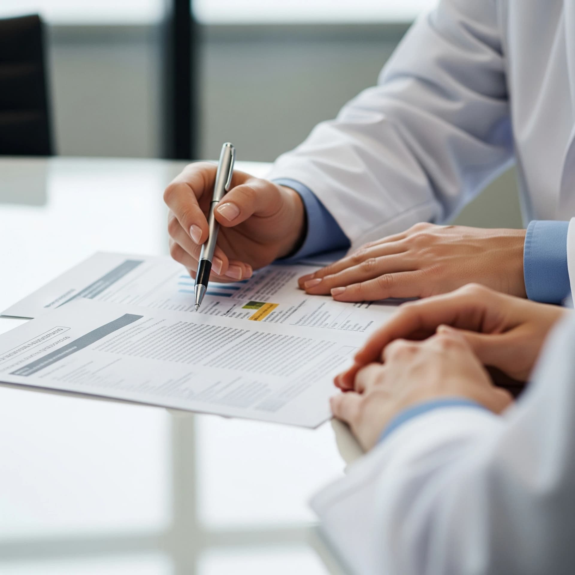 A imagem representa Assessoria Científica e Regulatória. Nela, duas pessoas estão em um laboratório, com as mãos sobre um relatório, simbolizando o suporte especializado em diversas etapas do desenvolvimento de um produto. A imagem reflete a parceria e a análise conjunta de dados para garantir a conformidade e a segurança do produto, incluindo a crucial assessoria em reuniões com órgãos reguladores como a ANVISA.