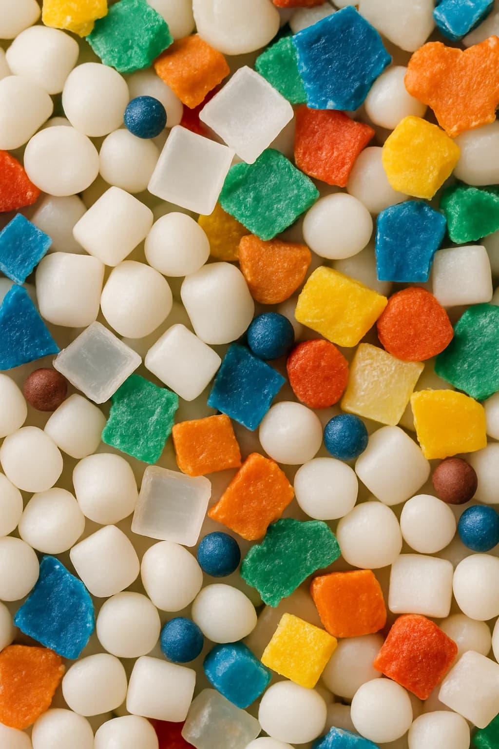 A imagem representa a Análise Térmica de Polímeros. Vários polímeros coloridos de formatos variados estão dispostos, simbolizando a avaliação das propriedades térmicas e físicas de materiais industriais. A imagem reflete o processo de controle de qualidade e caracterização de polímeros.