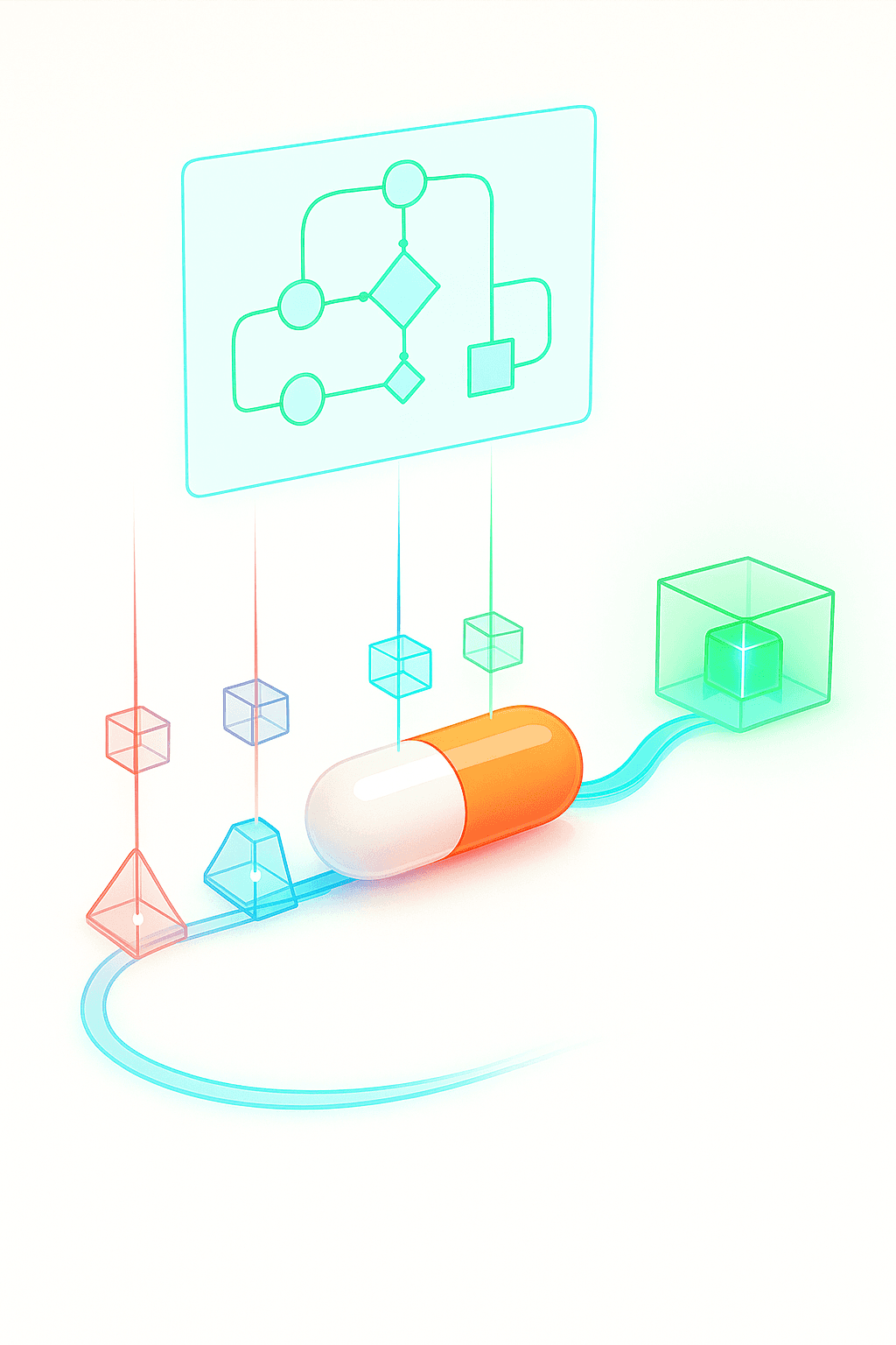 A imagem, uma representação simbólica, ilustra o Desenvolvimento e Validação de Métodos Analíticos. Nela, uma pílula percorre uma esteira ao lado de outros componentes, simbolizando as etapas de análise e a criação de uma nova metodologia. Ao final do percurso, uma caixa verde surge, representando a validação do método, indicando sua conformidade e prontidão para aplicação.