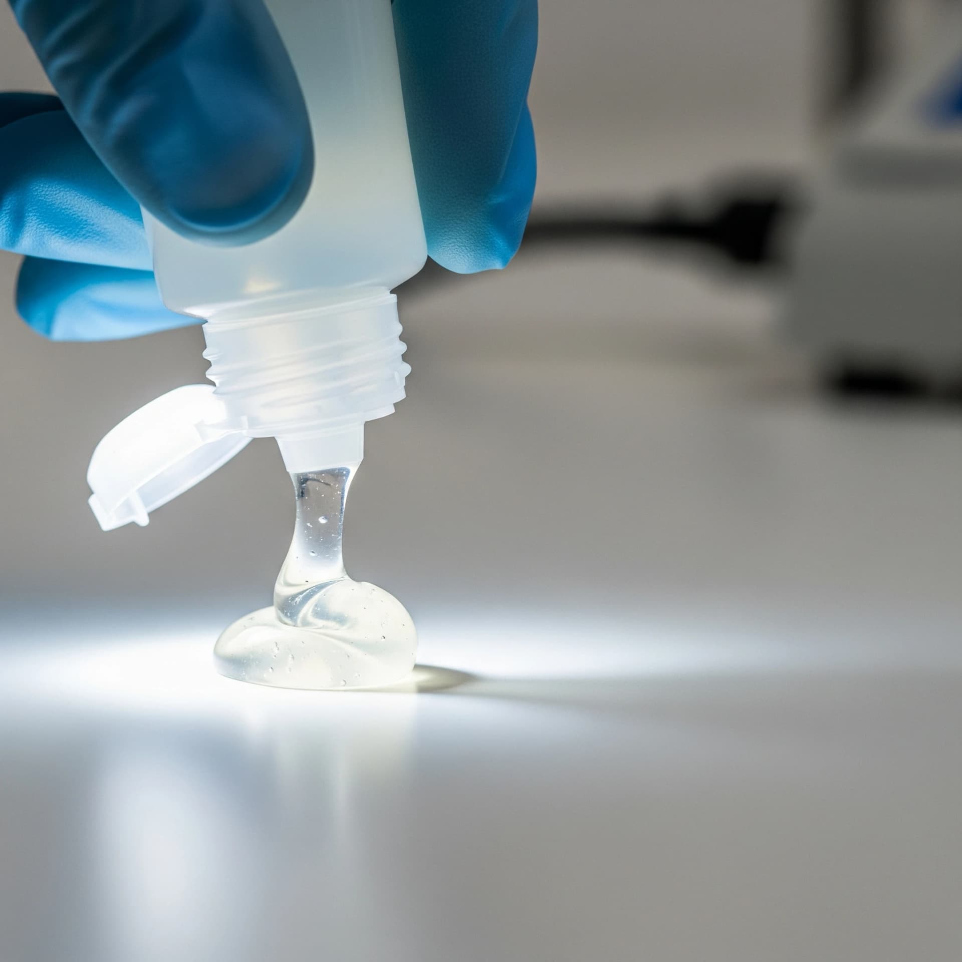 A imagem representa Estudos de Equivalência Viscoelástica. Uma mão com luva de laboratório aperta um gel sobre uma superfície, simbolizando a análise e o estudo de produtos semissólidos como géis e pastas para garantir sua equivalência e desempenho.