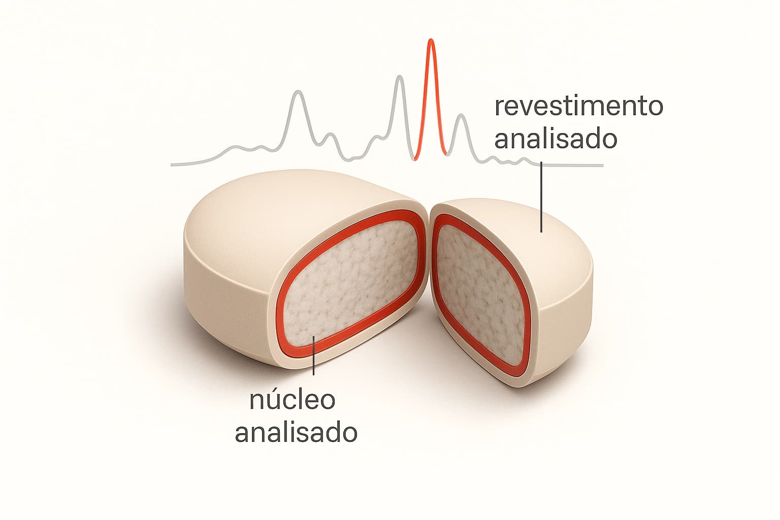 A imagem simboliza a Identificação e Quantificação de Componentes. Uma pílula cortada ao meio, que expõe seu interior, representa a análise da composição de produtos para determinar a identidade e a quantidade de cada substância. A imagem reflete a precisão e o rigor técnico na avaliação da fórmula, essencial para o controle de qualidade e a conformidade regulatória.