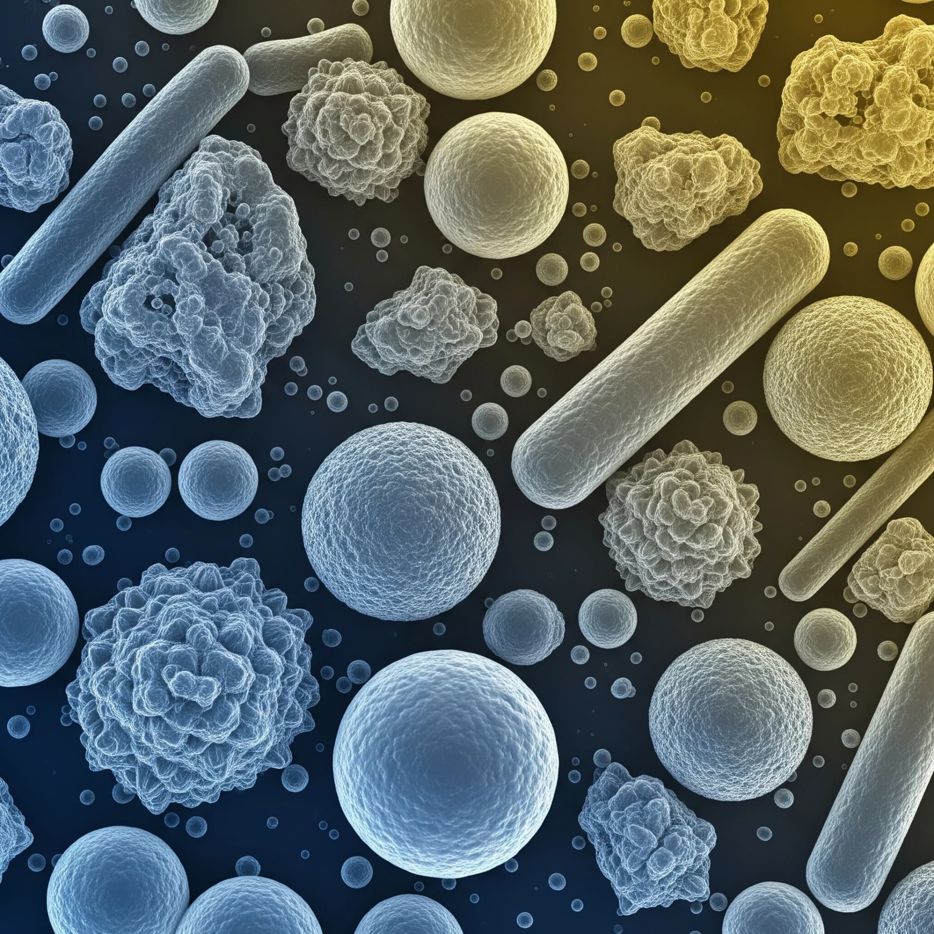 A imagem simboliza a Caracterização de Partícula. As várias partículas de diversas formas e tamanhos, vistas como se estivessem em um microscópio, representam a análise minuciosa de suas propriedades, como morfologia e distribuição de tamanho.